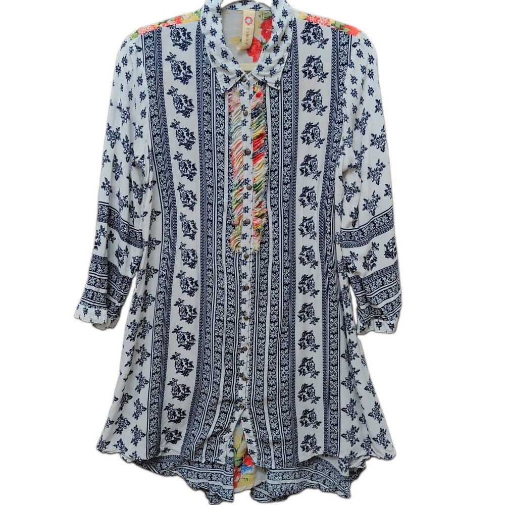 Cyrena Anthropologie Garden Party Tunic Sz S Button Mixed Media Festival Boho